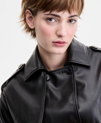 Juniors' Cropped Faux-Leather Belted Trench Coat