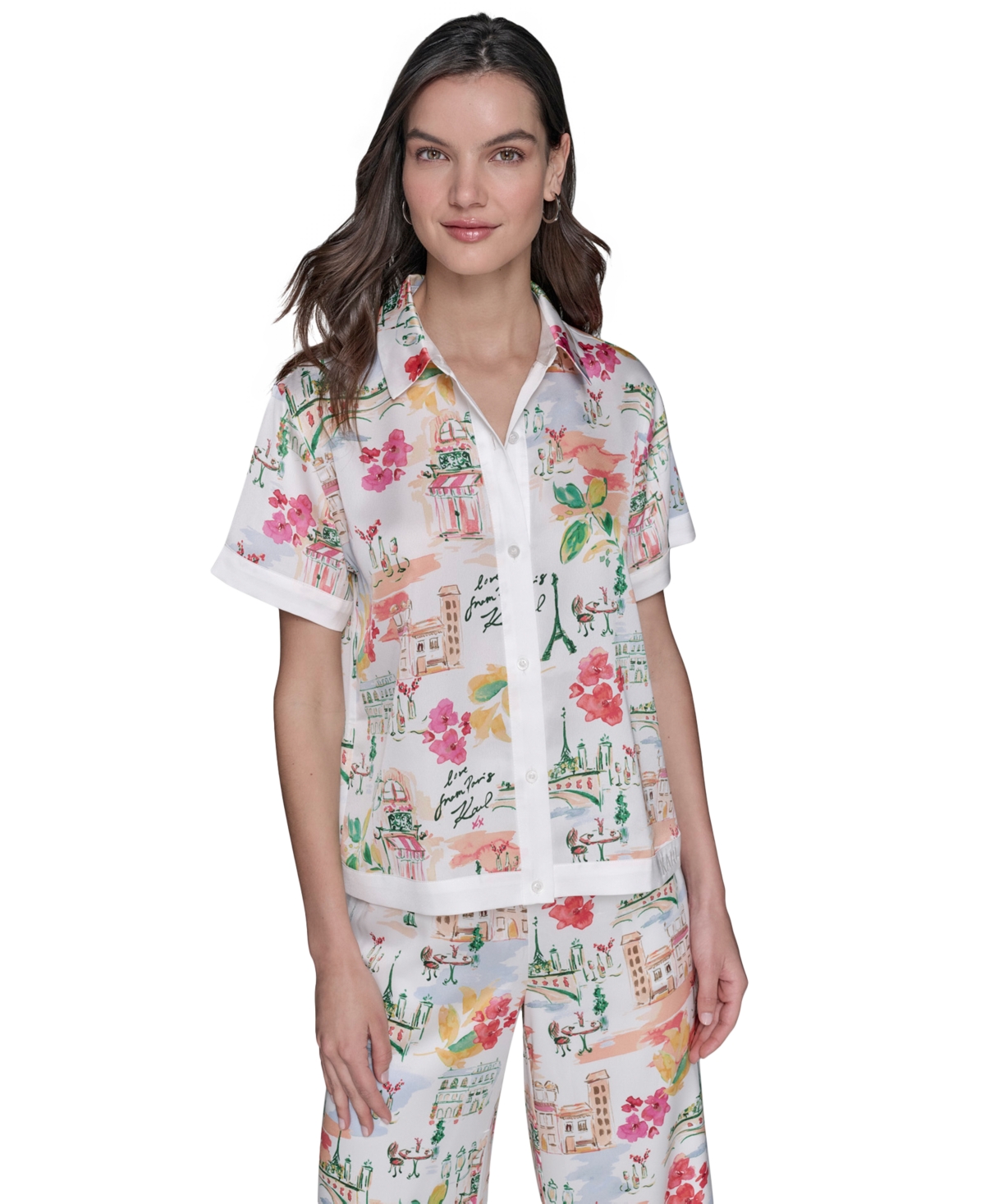 Women's Printed Camp Shirt - Soft White/ Fusion Coral Multi