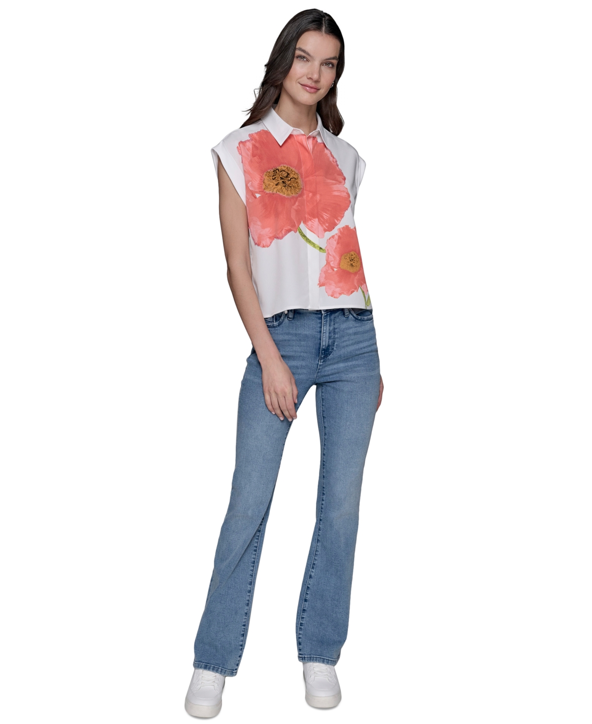 Karl Lagerfeld Petite Big Flower Print Button-front Blouse In White