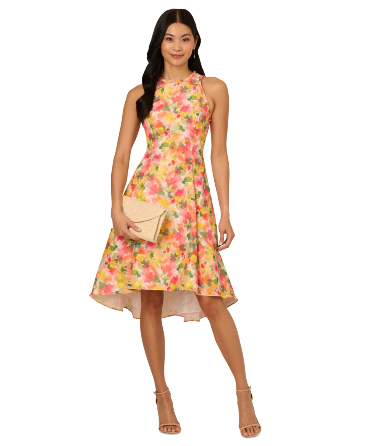Women's Floral-Print Ruffle-Trim Dress - Pink Yellow Multi