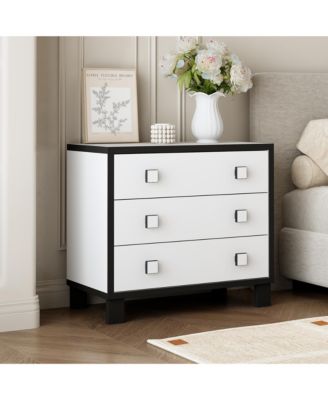 Bedside table with three drawers, side table with square handles, white wooden end table, suitable for bedrooms, living rooms, offices