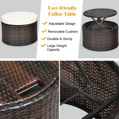 Patio Rattan Daybed Cushioned Sofa Adjustable Table Top Canopy 3 Pillows