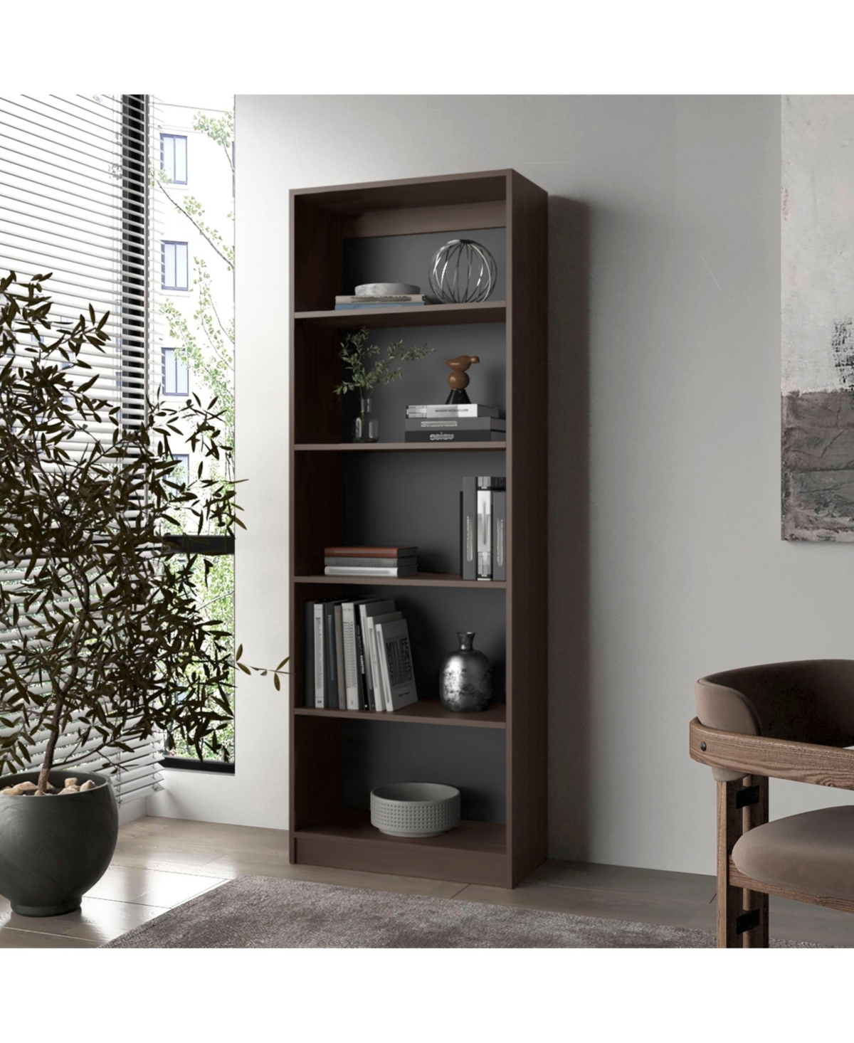 Dam Bookcase with Open Storage and 5 Shelves, Stained Walnut