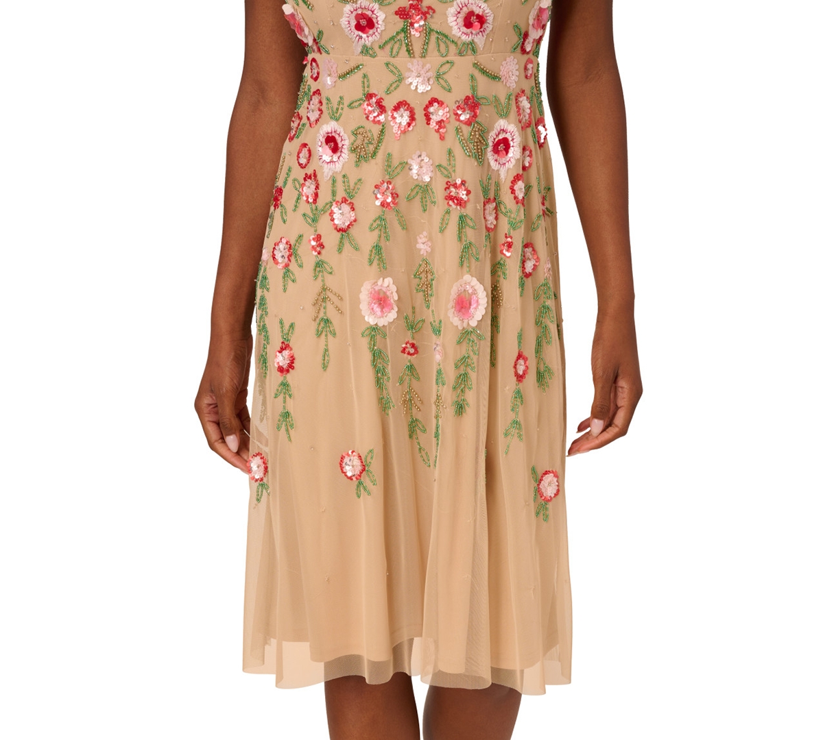 Adrianna Papell Women's Beaded-mesh Fringe-edge Dress