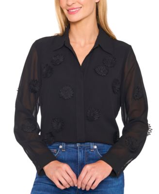 CeCe - Women's Long-Sleeve Blouse with Floral Appliqu&eacute;