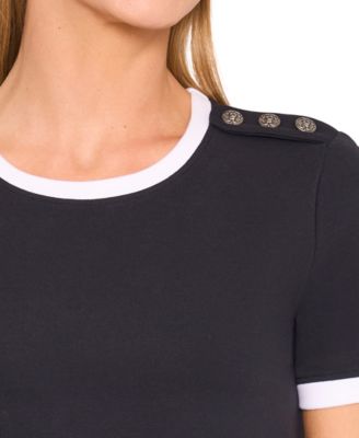 Women's Button-Shoulder Contrast-Trim T-Shirt