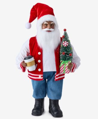 Holiday Lane - Whimsy African American Varsity Jacket Santa With Coffee