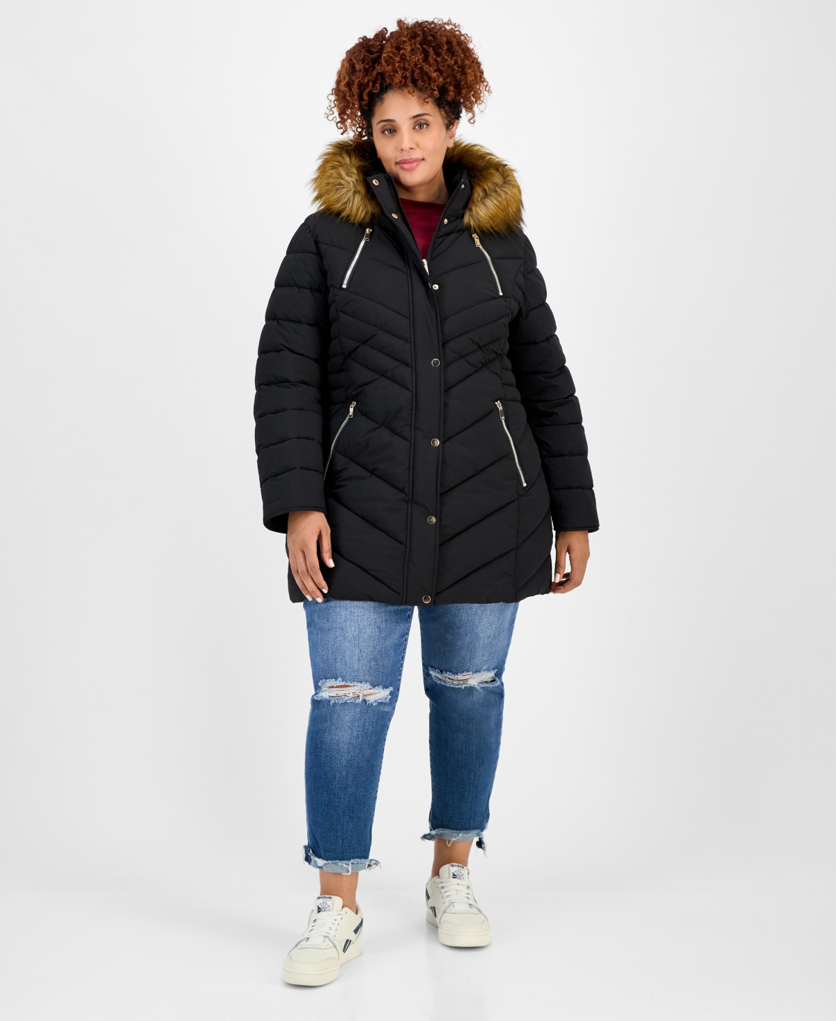 Maralyn & Me Juniors' Faux-fur Hooded Puffer Coat In Black