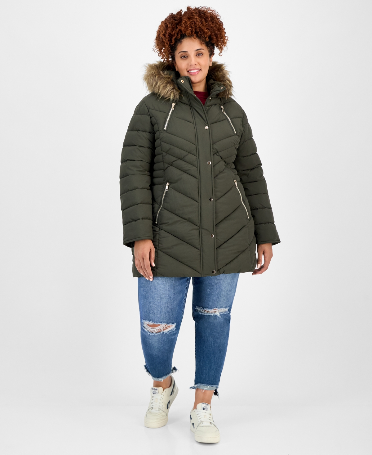 Maralyn & Me Juniors' Plus Size Faux-fur Hooded Puffer Coat In Green