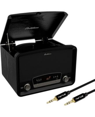 7-in-1 vintage stereo system with 3-speed turntable, Bluetooth, AM/FM, CD, Aux/RCA/headphone out, bonus 3.5mm cable, RR75