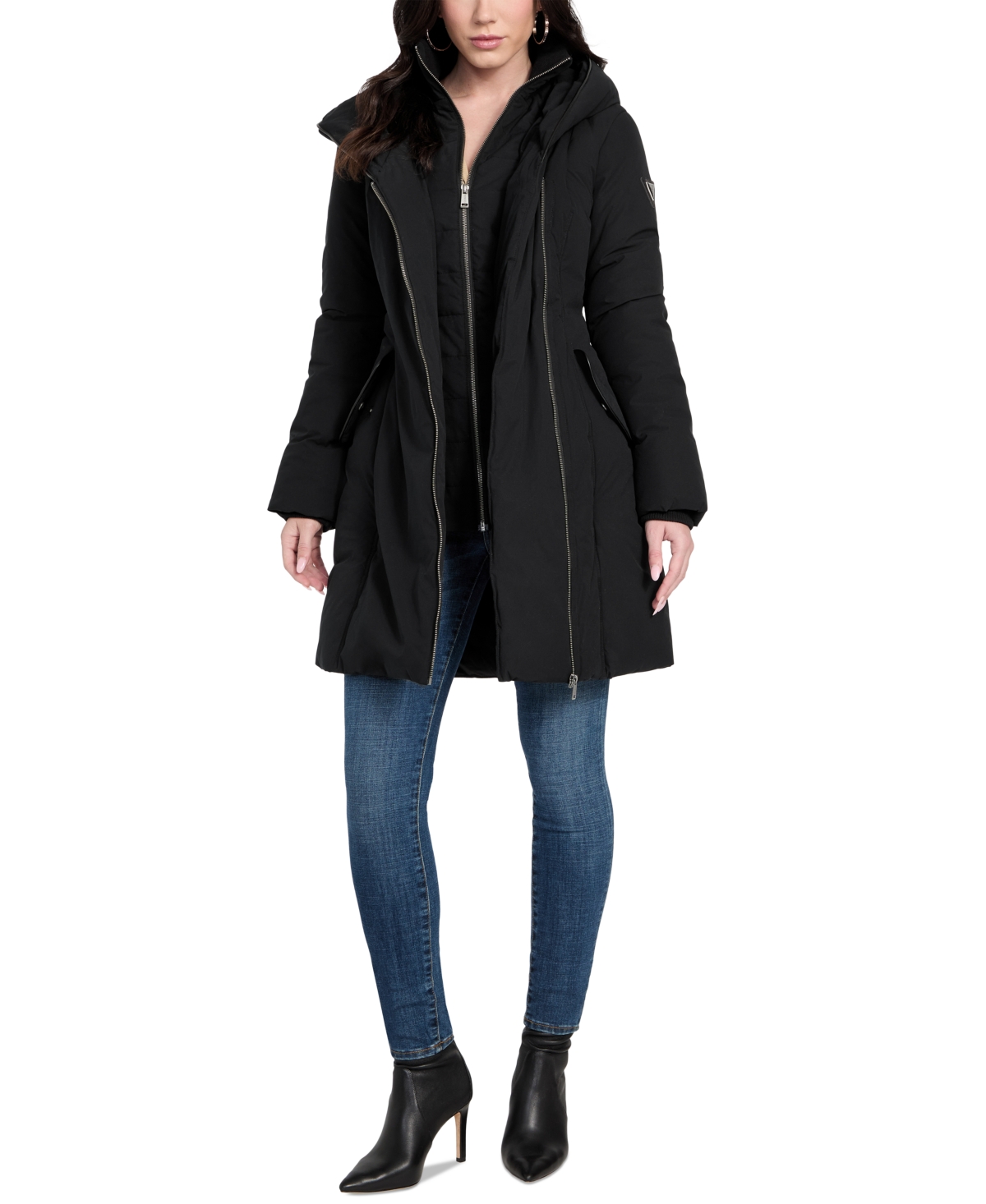 Guess Women's Asymmetric Zip-front Hooded Puffer Coat In Black