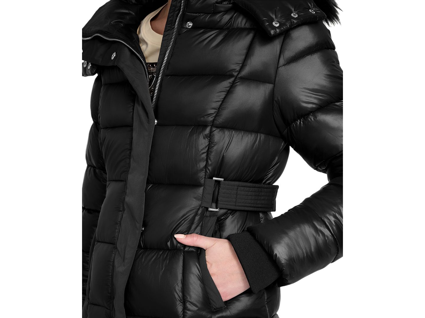 Женская куртка GUESS Faux-Fur Trim Hooded Maxi Puffer, цвет: Чёрный — фото 4