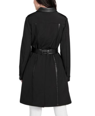 Women's Faux-Leather-Trim Belted Trench Coat