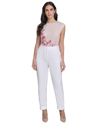 Calvin Klein - Petite Linen-Blend Mid Rise Slim-Leg Pants