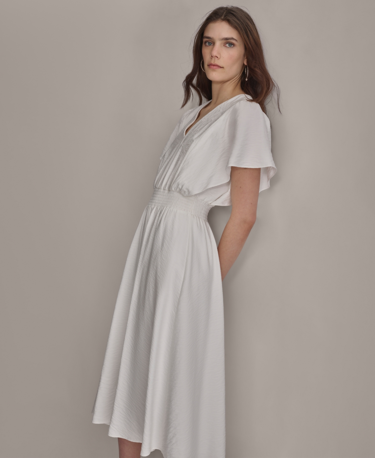 Dkny Women's V-Neck Smocked-Waist Short-Sleeve Dress
