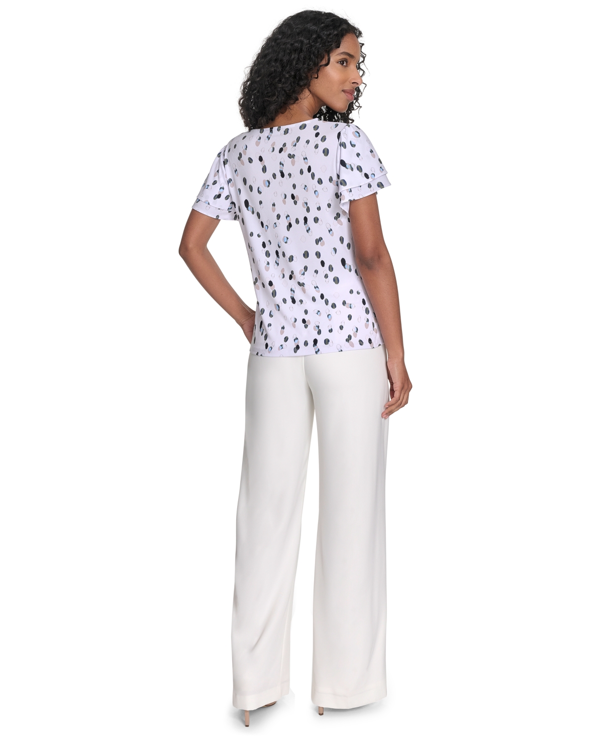 CALVIN KLEIN PETITE PRINTED FLUTTER-SLEEVE TOP 