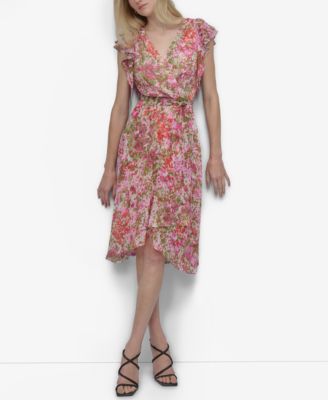 DKNY - Women's V-Neck Flutter-Sleeve Faux-Wrap Dress