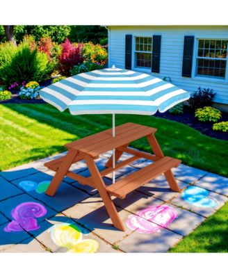Kids Wooden Picnic Table, Outdoor Activity Table w/ Adjustable Umbrella, Seats