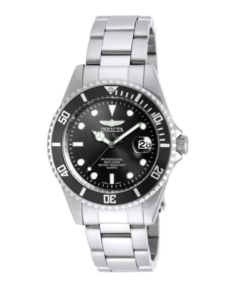 Мужские часы Invicta 8932OB Pro Diver Quartz 3 Hand Black Dial, цвет: Серебряный