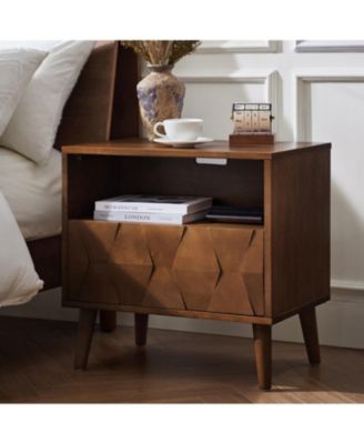 Zenaida Mid-century Modern Nightstand with Charging Ports and Hidden Drawer