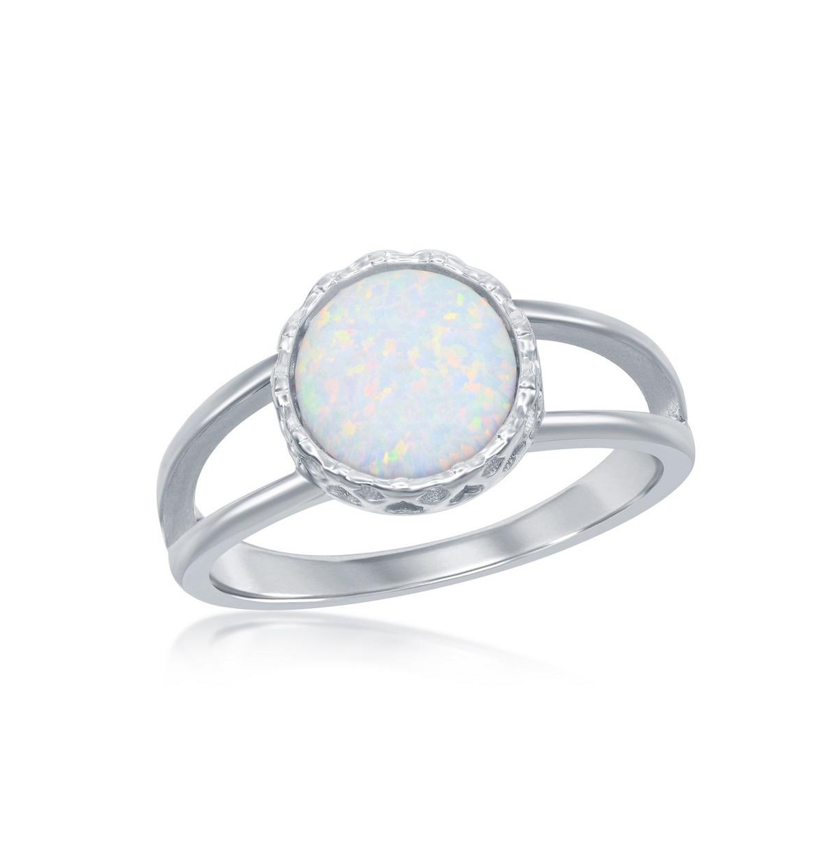 Sterling Silver Round White Inlay Synthetic Opal Open Band Ring - White