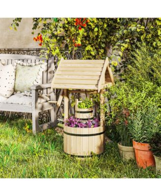 Wishing Well Planter with Bucket, Wooden Wishing Well, Natural