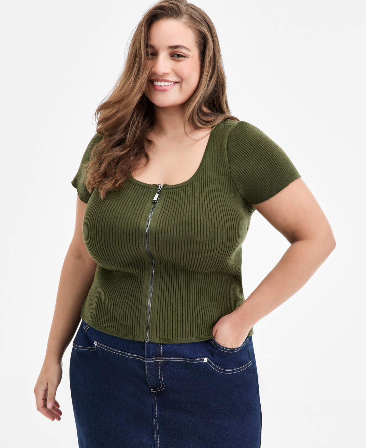 Bar Iii Trendy Plus Size Ribbed Zip-front Sweater, Exclusively At Macy's In Green