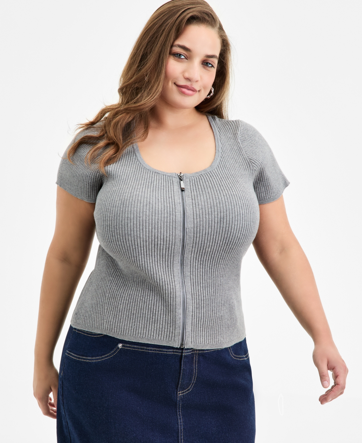 Bar Iii Trendy Plus Size Ribbed Zip-front Sweater, Exclusively At Macy's In Gray
