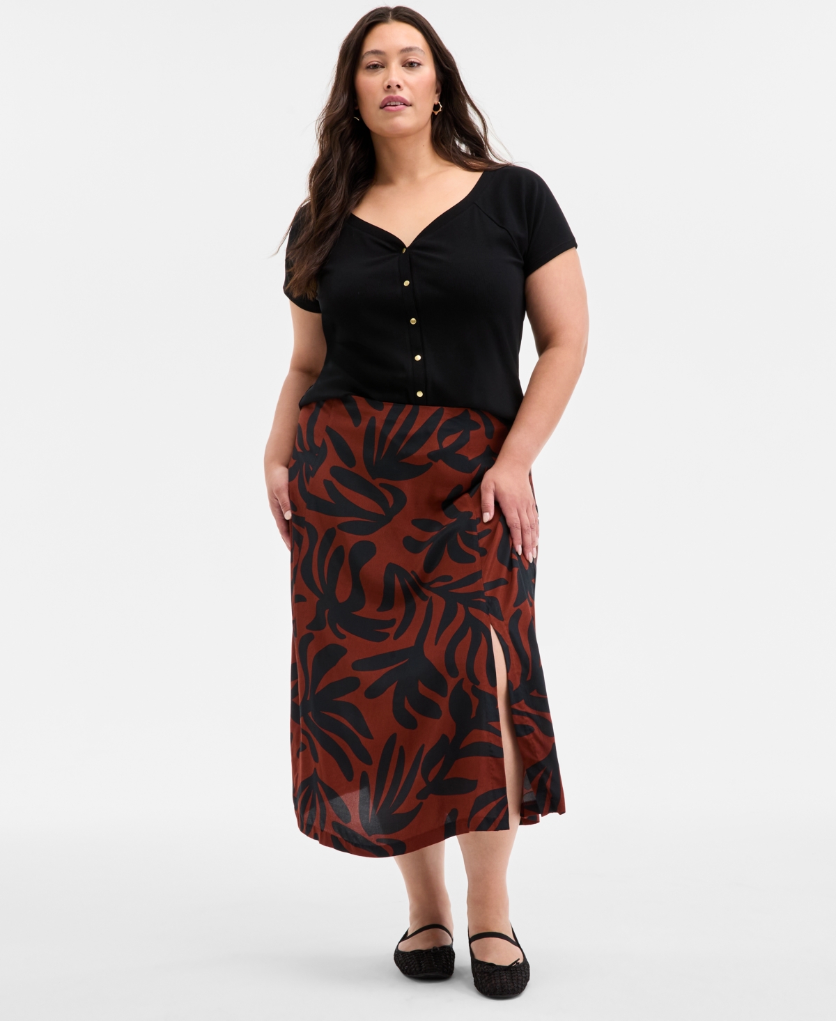 Trendy Plus Size Underwater Floral Slip Skirt, Exclusively at Macy's - Dark Bricks Cmb