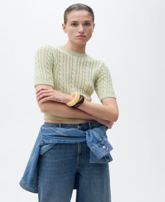 MANGO - Women's Short Sleeve Cable Knit Sweater