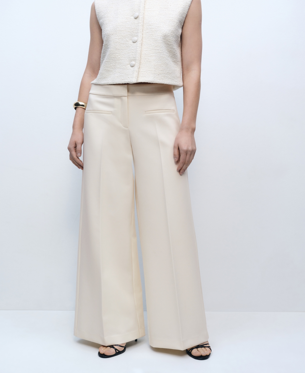 Women's Wide Leg Mid-Rise Pants - Ecru