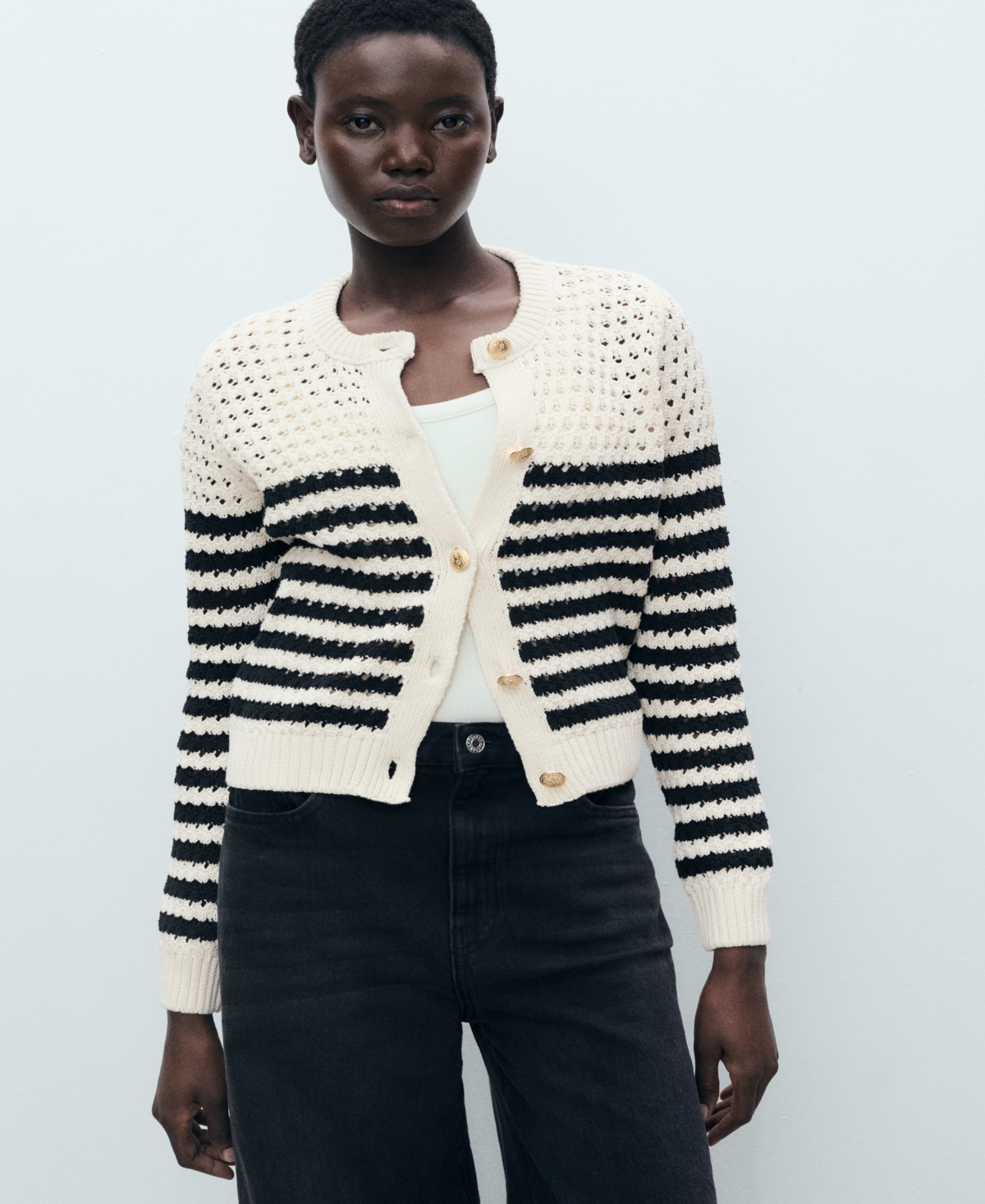 Women's Striped Openwork Knitted Cardigan Sweater - Navy