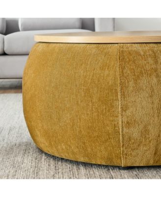 Multifunctional Round Ottoman Coffee Table with Wood Lid Hidden Seat and Storage for Bedroom or Living Room No Assembly Needed
