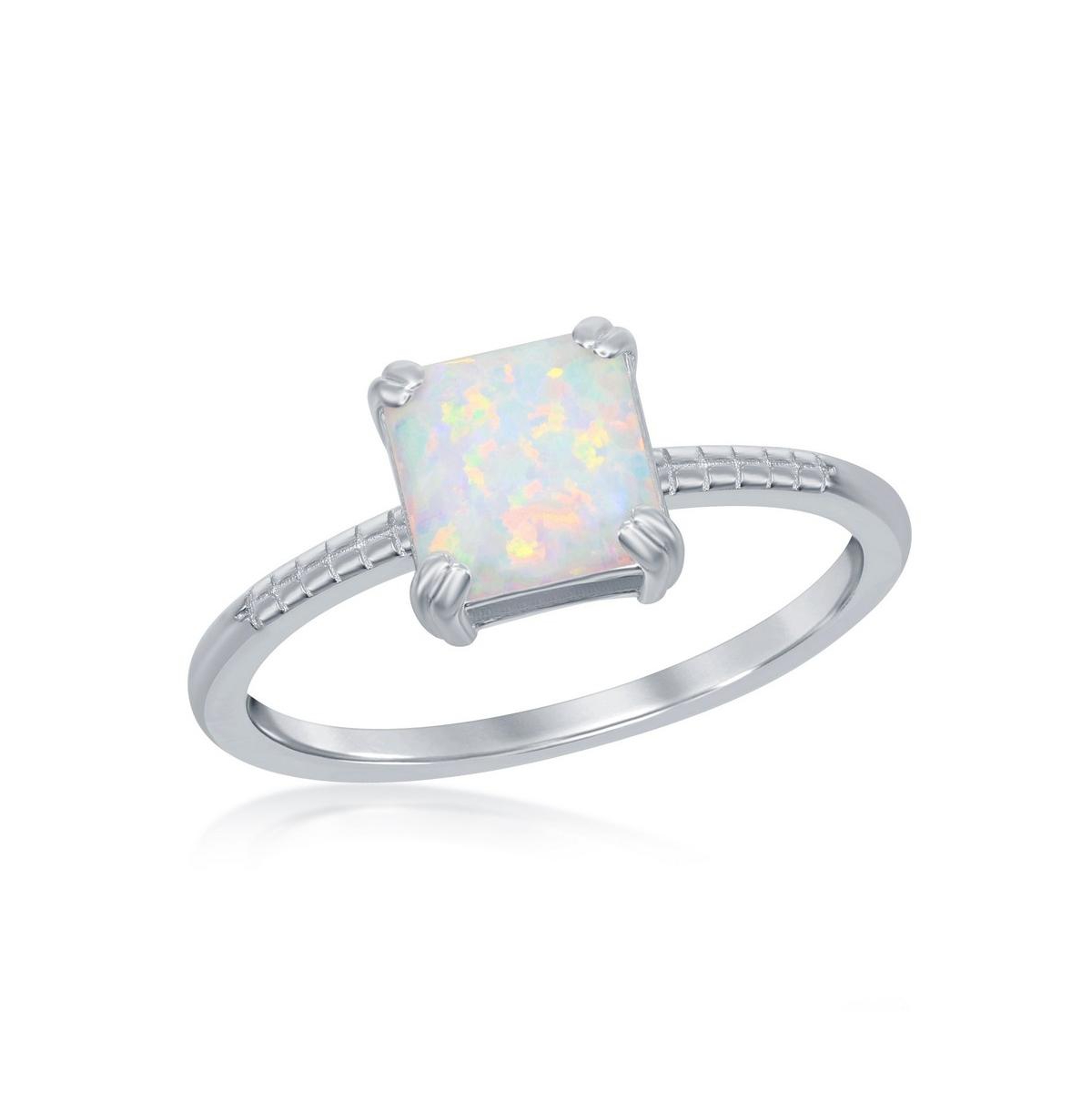 Sterling Silver Square White Synthetic Opal Beaded Band Ring - White