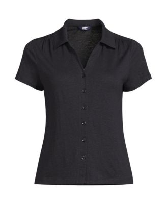 Women's Linen Blend Short Sleeve Button Front Polo Top