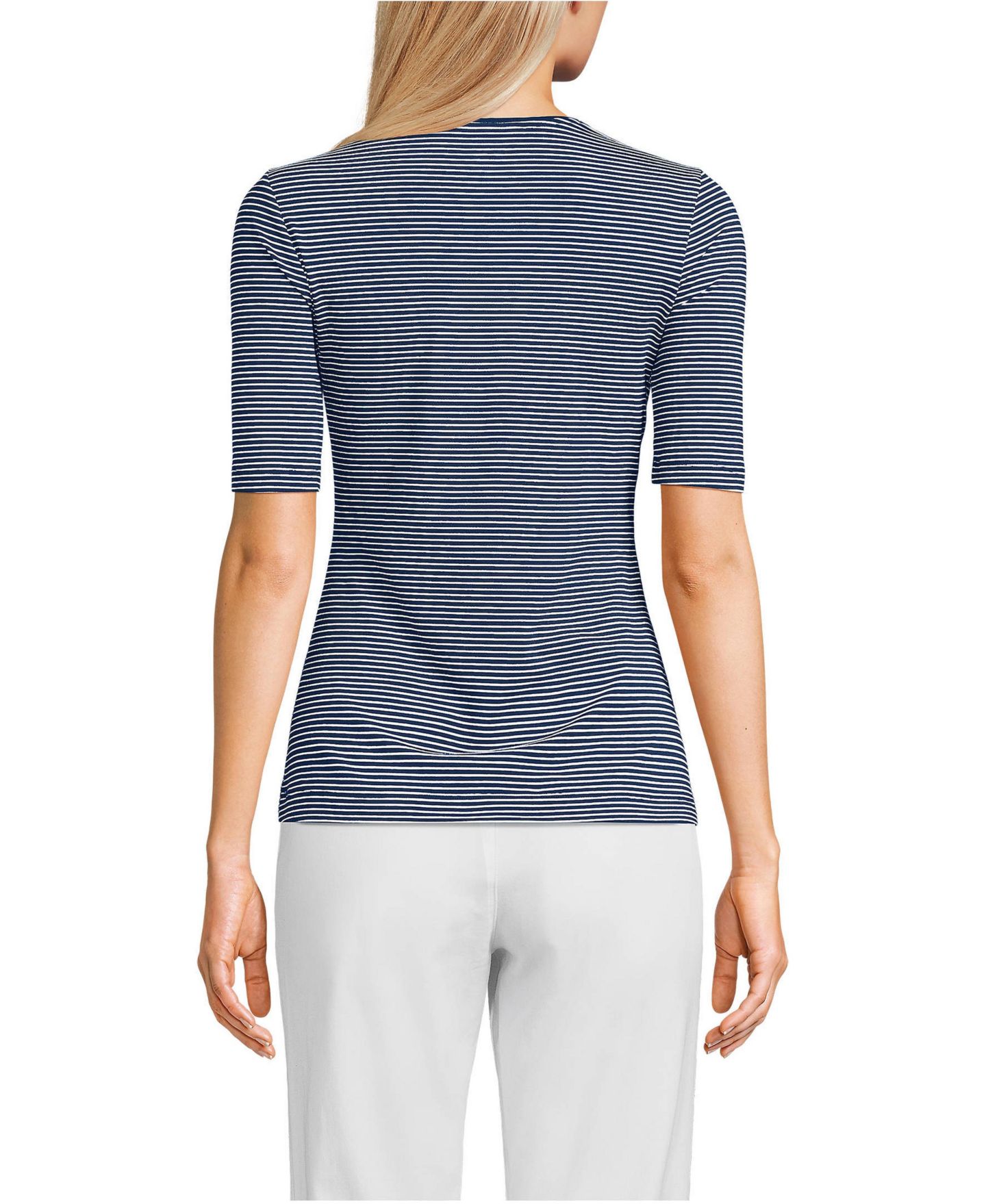 Женская футболка Lands' End Lightweight Jersey Skimming Elbow Sleeve Crew Neck, цвет: Морской тёмно-синий полосатый — фото 2