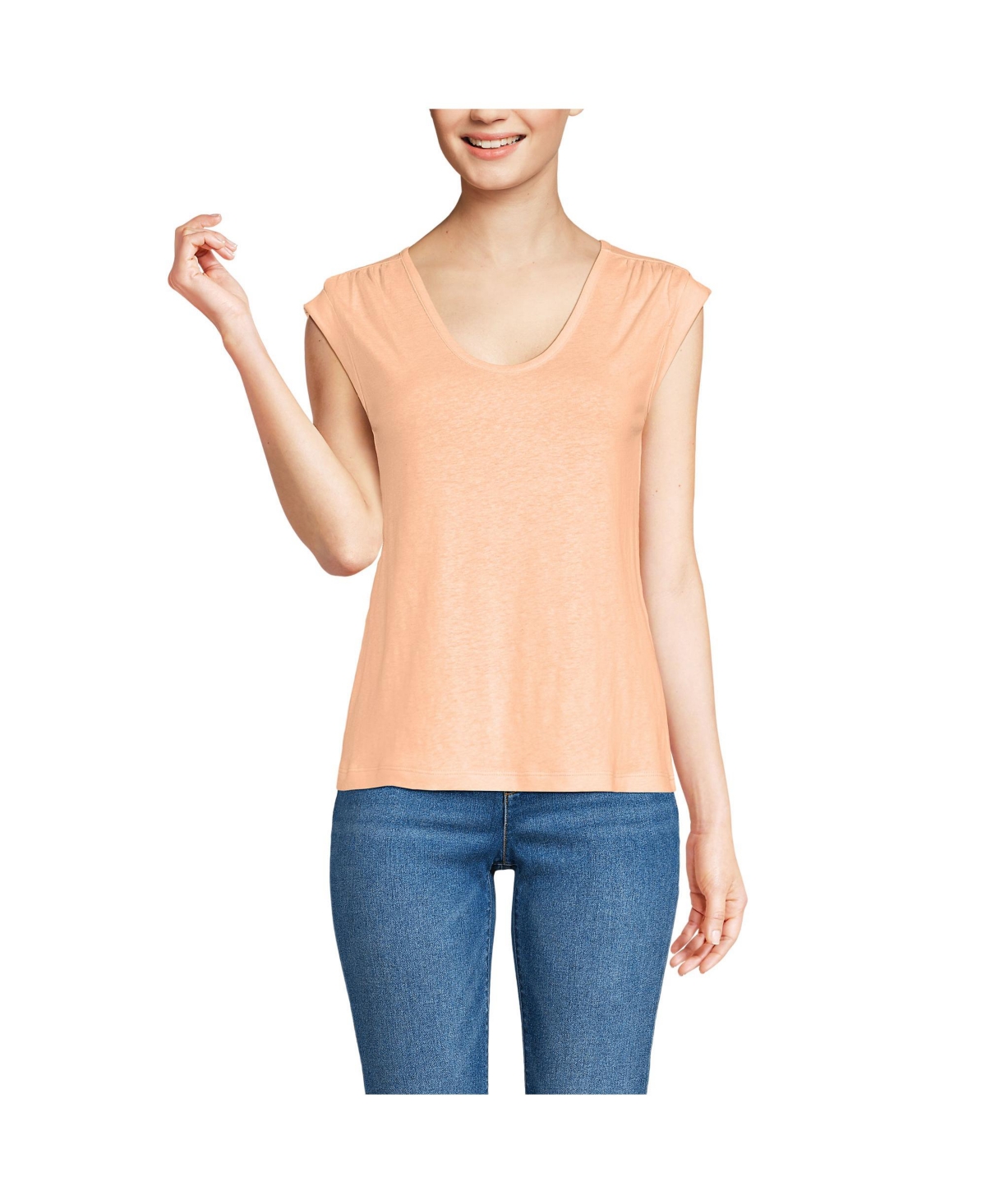 Women's Linen Blend Cap Sleeve Gathered Shoulder Tee - Black