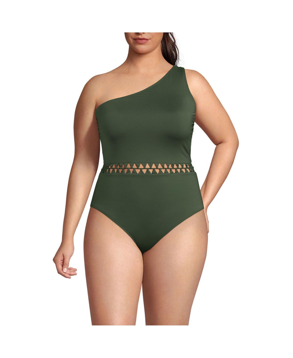Women's Macrame One Shoulder High Leg One Piece Swimsuit - Rich olive green