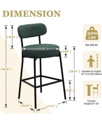 Set of 2,Metal/Fabric, 24 Inches Modern Counter Height Bar Stools with Curved Back, Upholstered Boucle Barstools for Kitchen Island, Cafe
