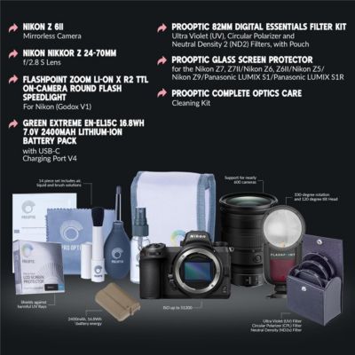 Z 6II Mirrorless Camera with f/2.8 S Lens,On-Camera Round Flash Speedlight, Lithium-Ion Battery Pack,Filter Kit with UV,Glass Screen Protector