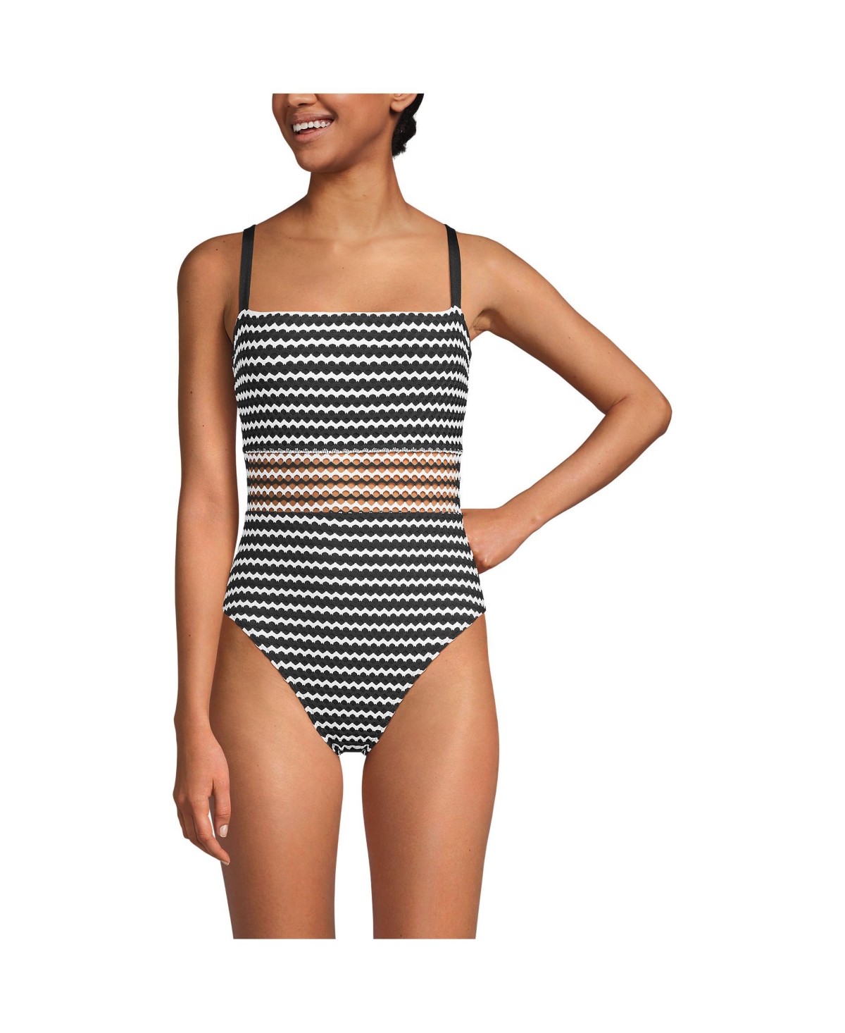 Women's Long Crochet Square Neck High Leg One Piece Swimsuit - Black/white