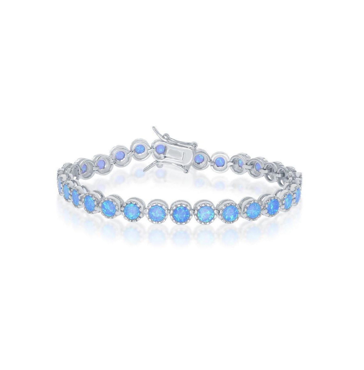 Sterling Silver Round Synthetic Opal With Beaded Border Tennis Bracelet - Blue