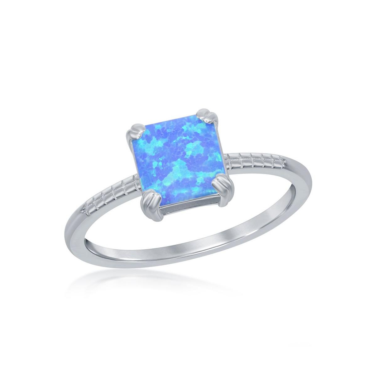 Sterling Silver Square Blue Synthetic Opal Beaded Band Ring - Blue