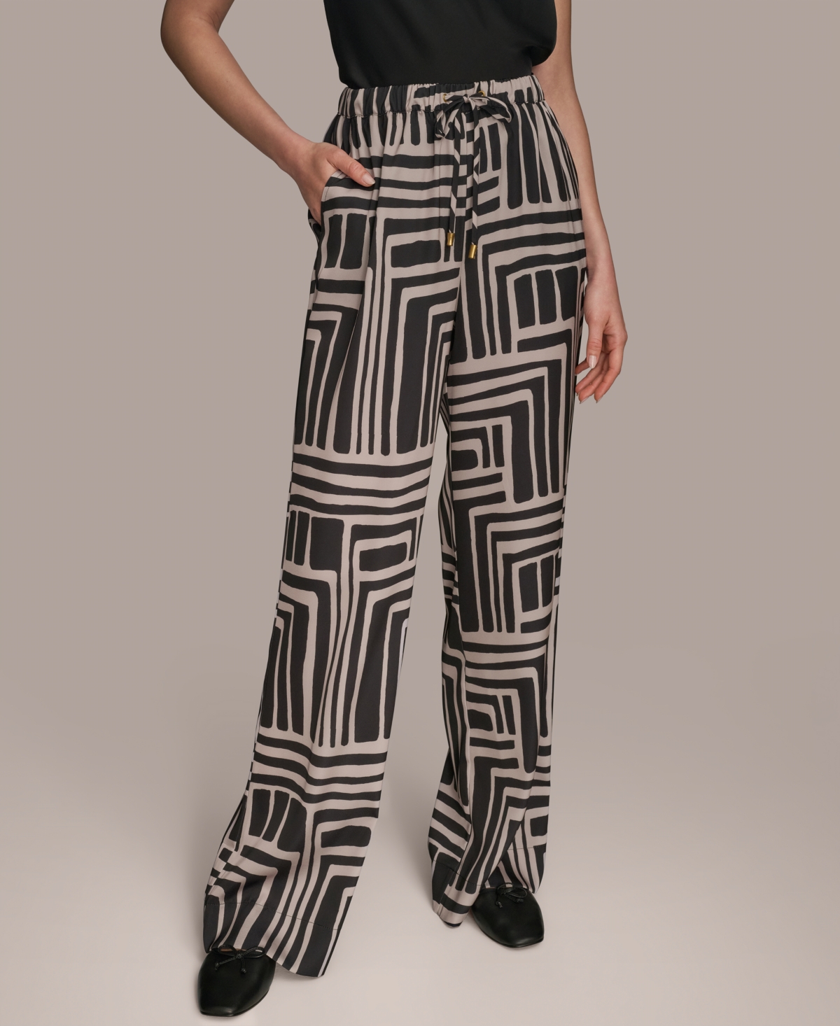 Women's Printed Drawstring Wide-Leg Pants - Blk/sand Combo