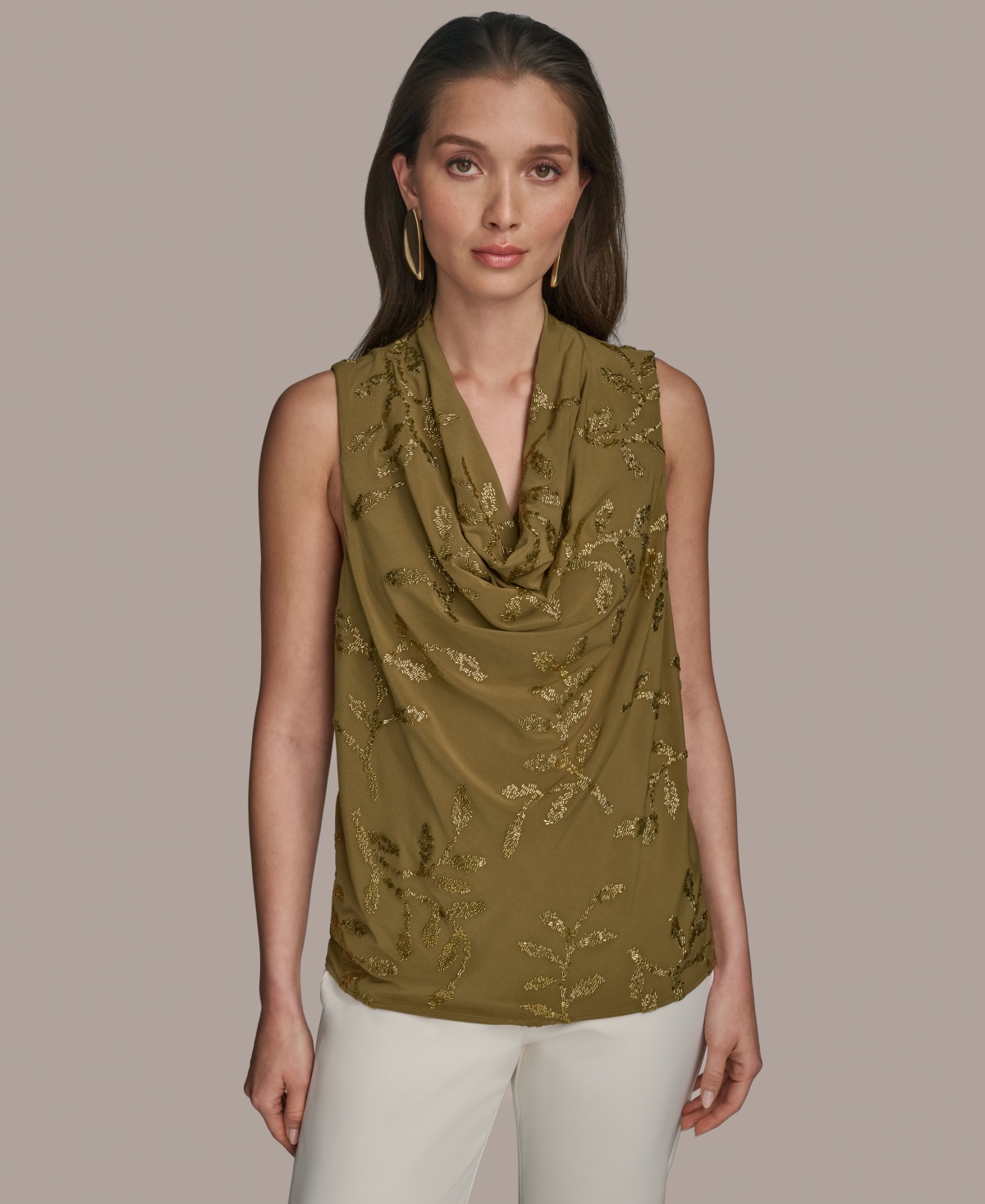 Women's Sleeveless Embellished Cowlneck Blouse - Smokey Olive/gold