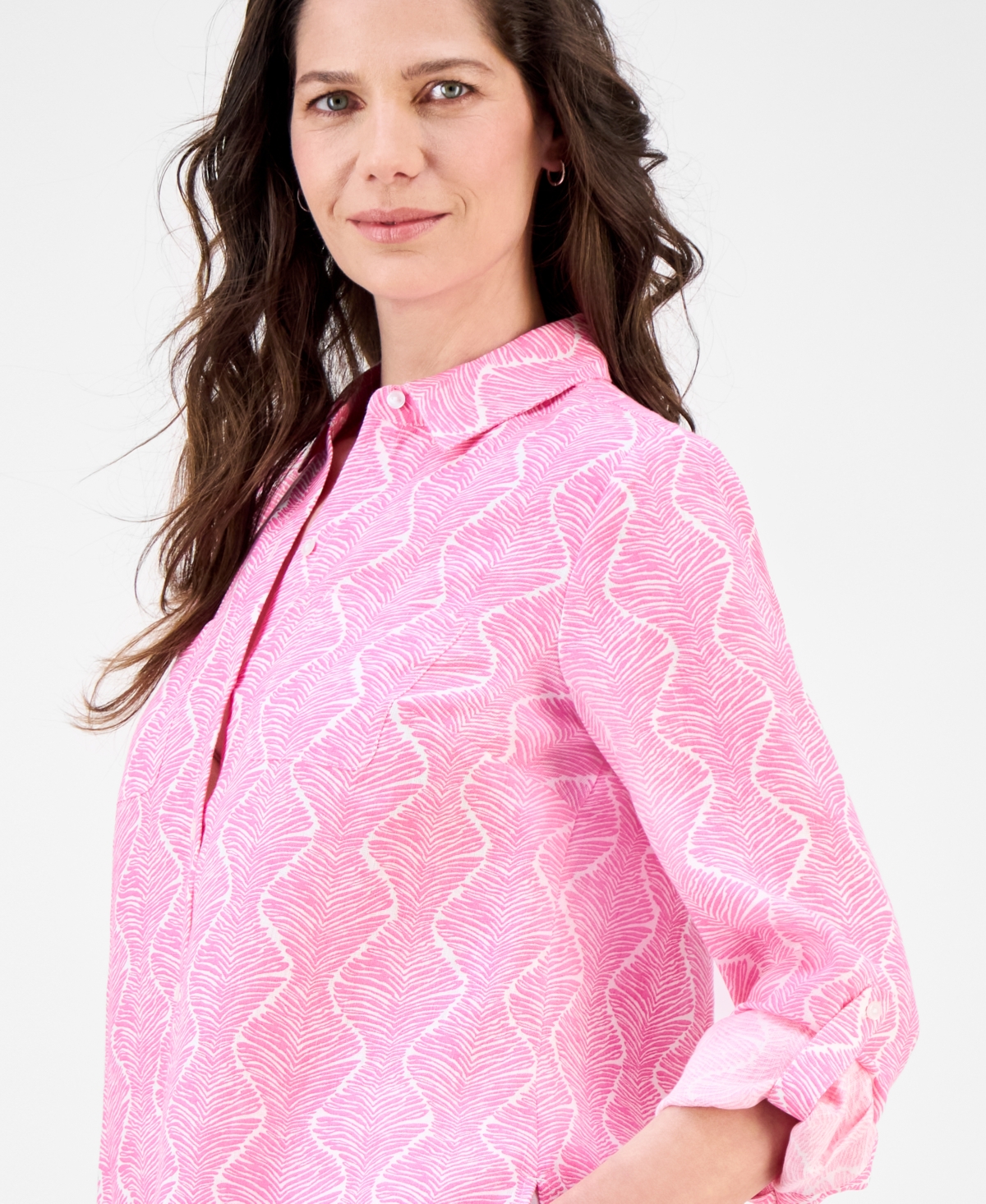 CHARTER CLUB PETITE PRINTED ROLL-TAB SHIRT, EXCLUSIVELY AY MACY'S 