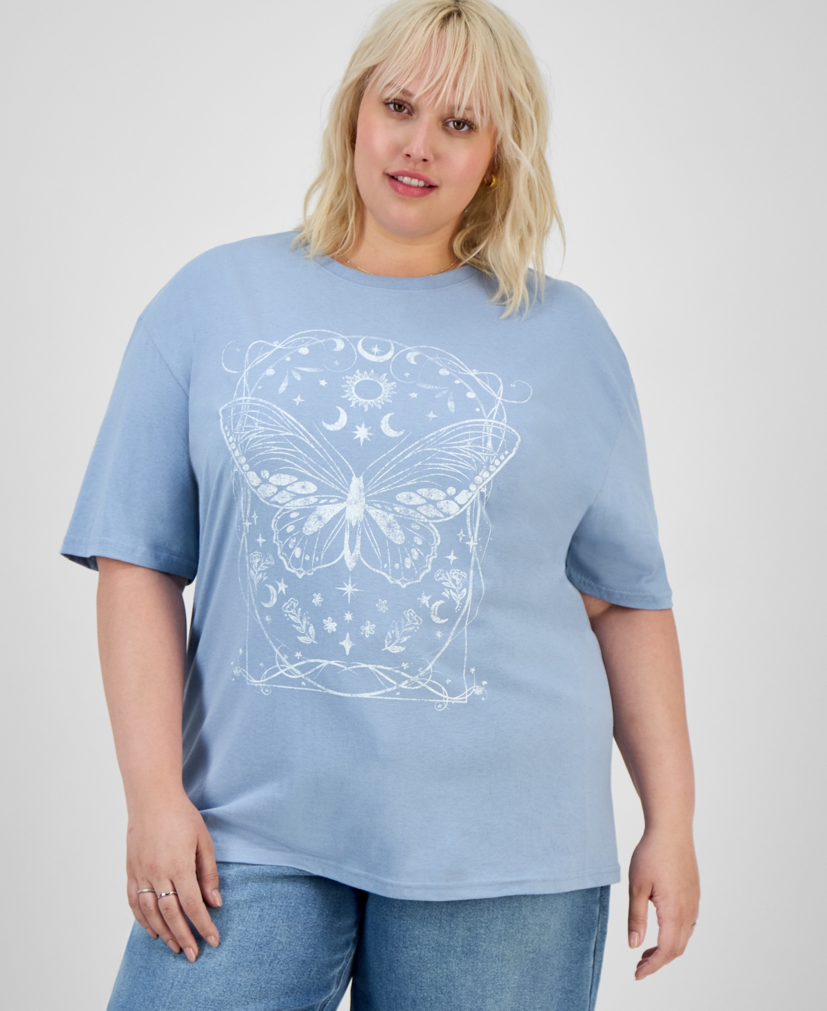 Trendy Plus Size Cosmic Butterfly Cotton T-Shirt - Dusty Blue