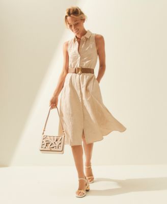 Women's Sequin Embellished Linen Belted Shirtdress