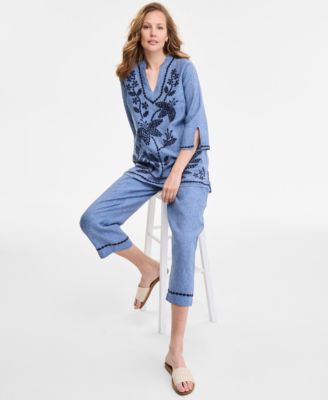 CHARTER CLUB WOMENS 100 LINEN 3 4 SLEEVE TUNIC TOP EMBROIDERED CUFF 100 LINEN WOVEN CROPPED PANTS EXCLUSIVELY AT  