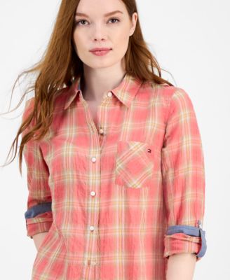 Women's Crinkled Plaid Roll-Tab Shirt